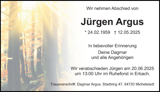 Traueranzeige von Jürgen Argus von Odenwälder Echo