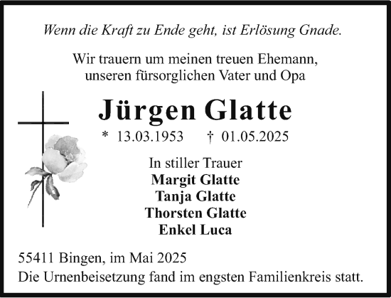 Traueranzeige von Jürgen Glatte von Binger-/Ingelheimer Wochenblatt