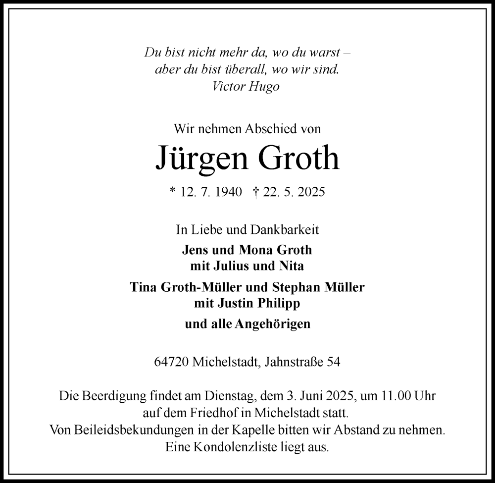  Traueranzeige für Jürgen Groth vom 28.05.2025 aus Odenwälder Echo