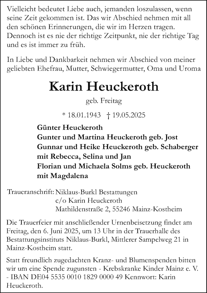  Traueranzeige für Karin Heuckeroth vom 31.05.2025 aus Allgemeine Zeitung Mainz