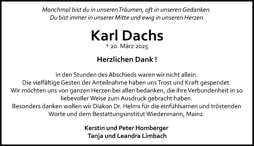  Traueranzeige für Karl Dachs vom 24.05.2025 aus Allgemeine Zeitung Mainz