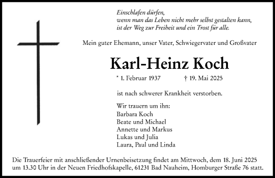 Traueranzeige von Karl-Heinz Koch von Hinterländer Anzeiger