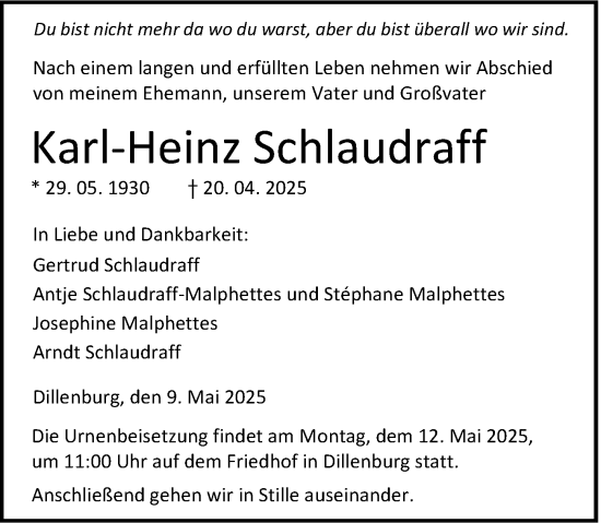 Traueranzeige von Karl-Heinz Schlaudraff von Dill Block