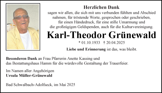 Traueranzeige von Karl-Theodor Grünewald von Allgemeine Zeitung Mainz