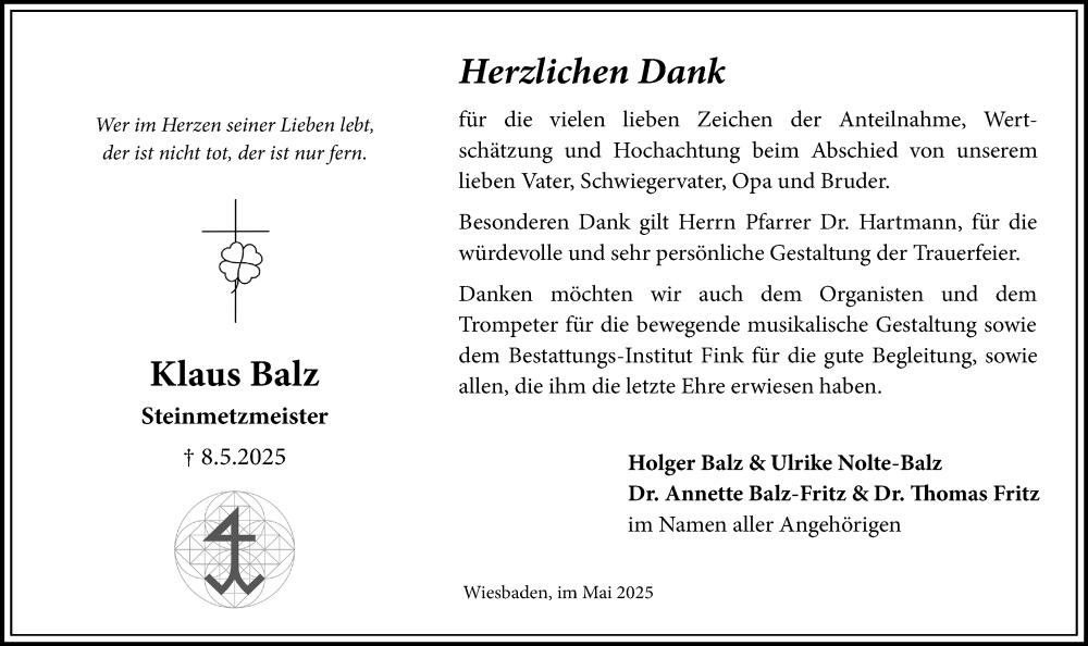  Traueranzeige für Klaus Balz vom 24.05.2025 aus Wiesbadener Kurier