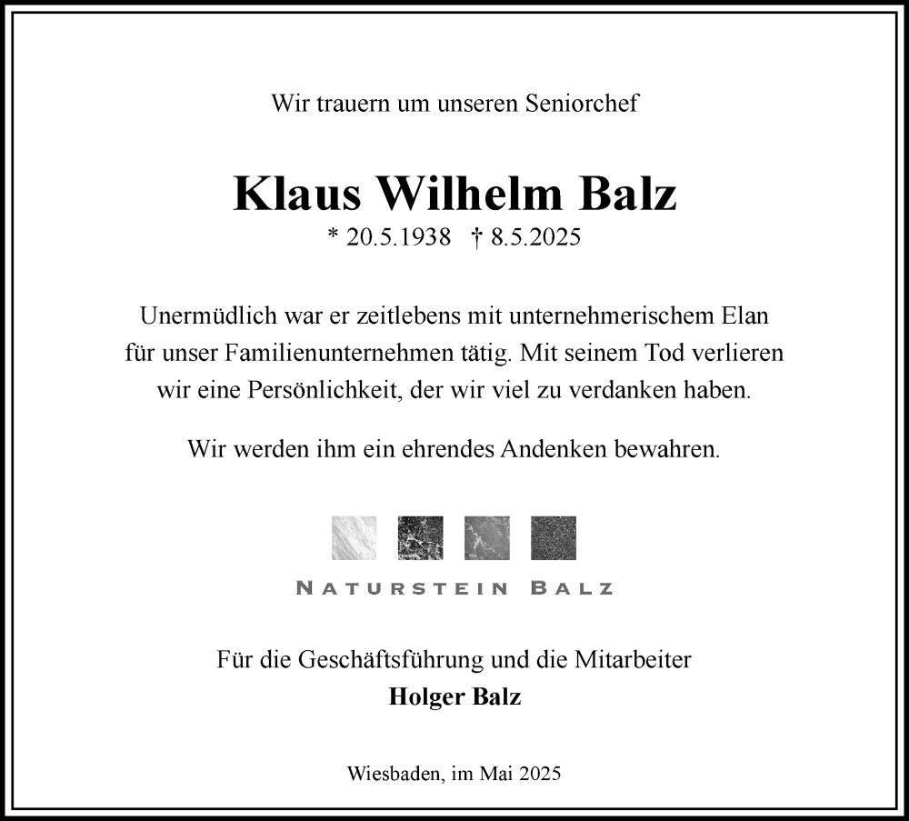 Traueranzeige für Klaus Wilhelm Balz vom 10.05.2025 aus Wiesbadener Kurier