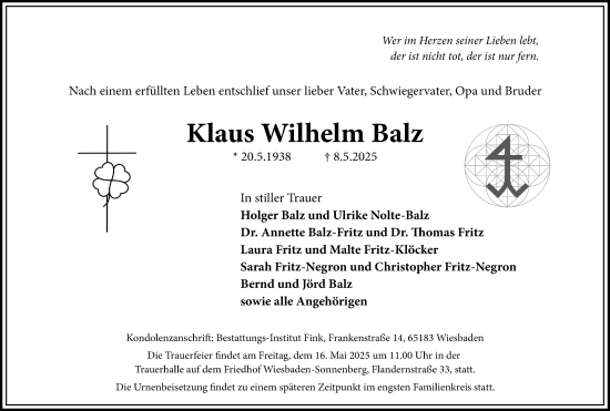 Traueranzeige von Klaus Wilhelm Balz von Wiesbadener Kurier