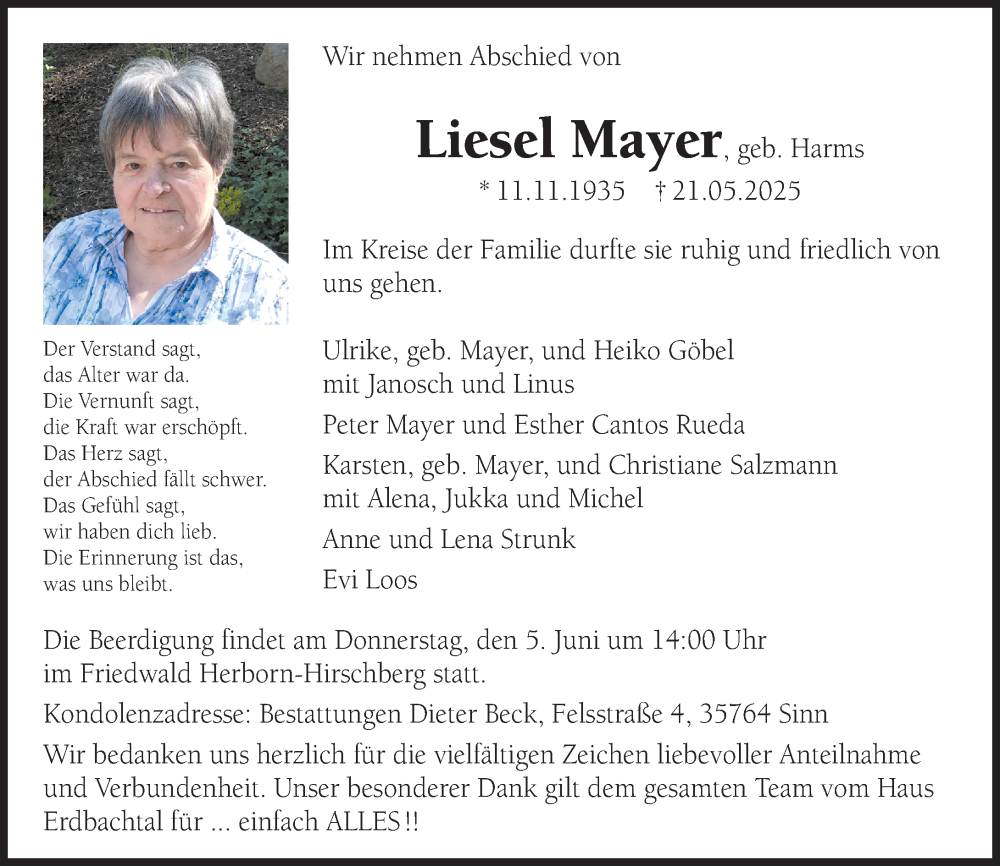  Traueranzeige für Liesel Mayer vom 31.05.2025 aus Dill Block