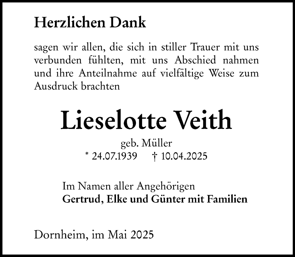  Traueranzeige für Lieselotte Veith vom 03.05.2025 aus Groß-Gerauer Echo