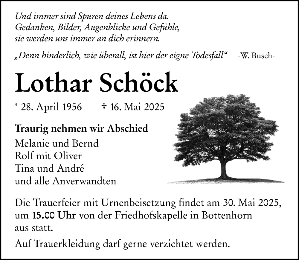  Traueranzeige für Lothar Schöck vom 26.05.2025 aus Hinterländer Anzeiger