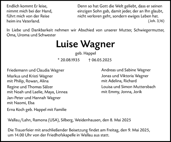 Traueranzeige von Luise Wagner von Hinterländer Anzeiger