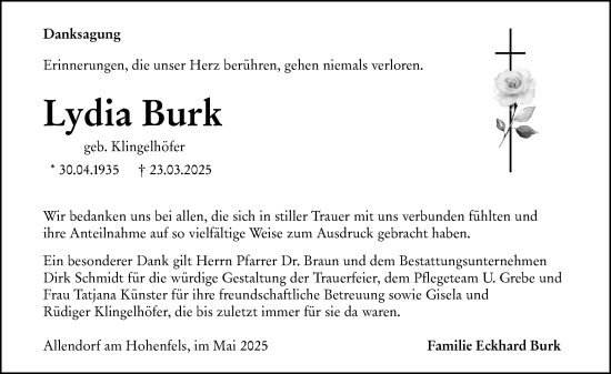 Traueranzeige von Lydia Burk von Hinterländer Anzeiger