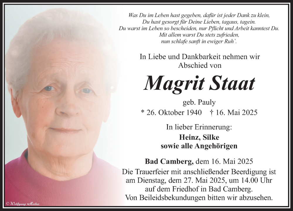  Traueranzeige für Magrit Staat vom 22.05.2025 aus Camberger Anzeiger