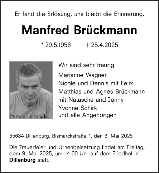 Traueranzeige von Manfred Brückmann von Dill Block