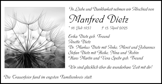 Traueranzeige von Manfred Dietz von Wetzlarer Neue Zeitung