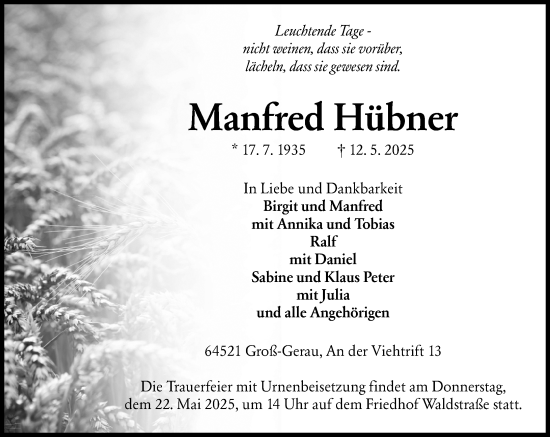 Traueranzeige von Manfred Hübner von Groß-Gerauer Echo
