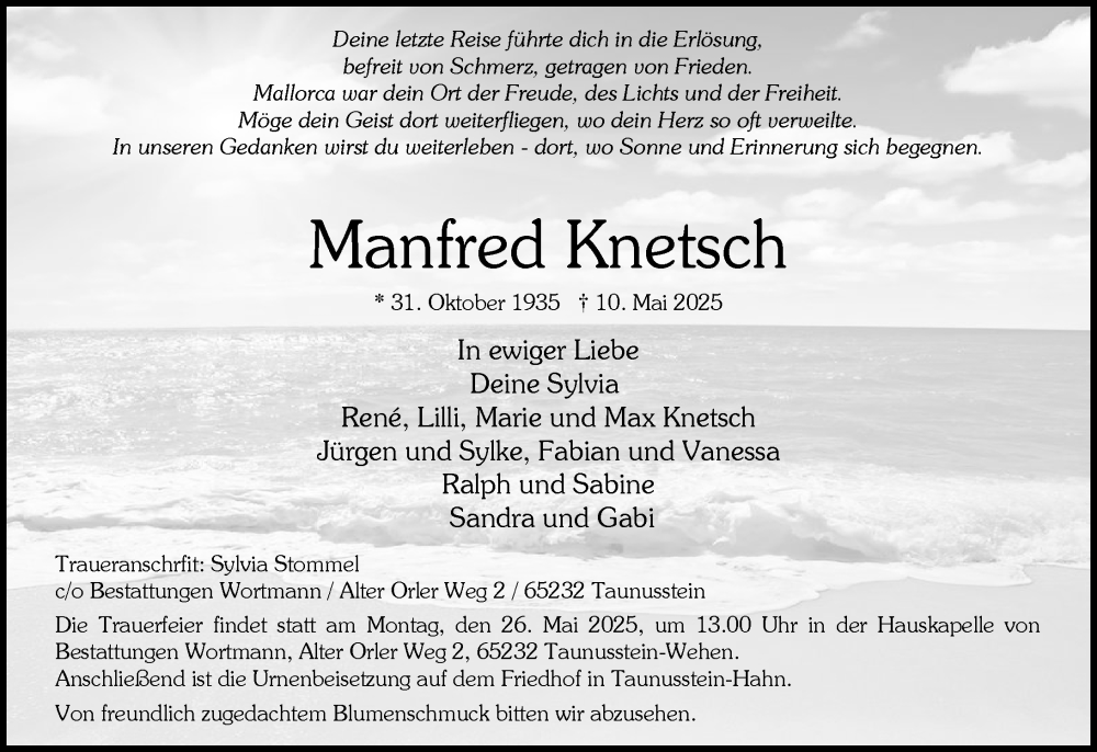 Traueranzeige für Manfred Knetsch vom 17.05.2025 aus Wiesbadener Kurier