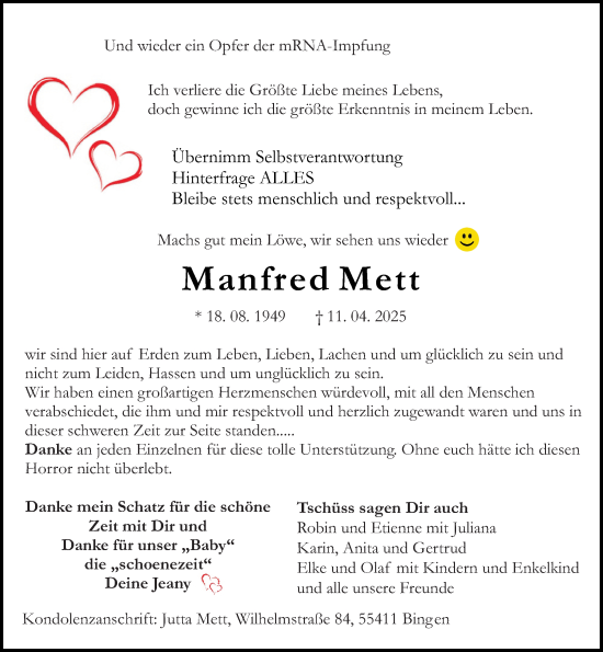 Traueranzeige von Manfred Mett von Allgemeine Zeitung Rheinhessen-Nahe
