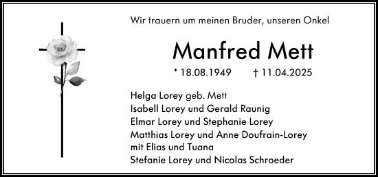 Traueranzeige von Manfred Mett von Allgemeine Zeitung Rheinhessen-Nahe