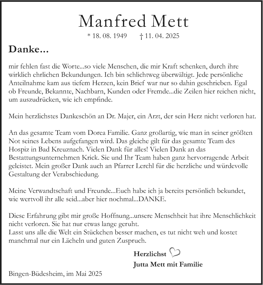  Traueranzeige für Manfred Mett vom 31.05.2025 aus Binger-/Ingelheimer Wochenblatt