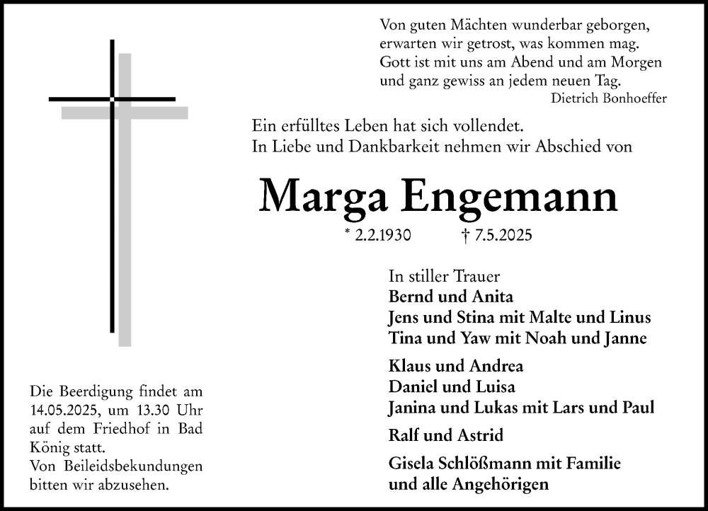  Traueranzeige für Marga Engemann vom 10.05.2025 aus Odenwälder Echo