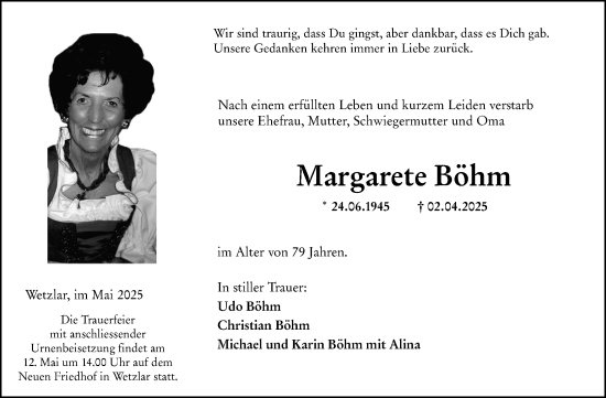 Traueranzeige von Margarete Böhm von Wetzlarer Neue Zeitung