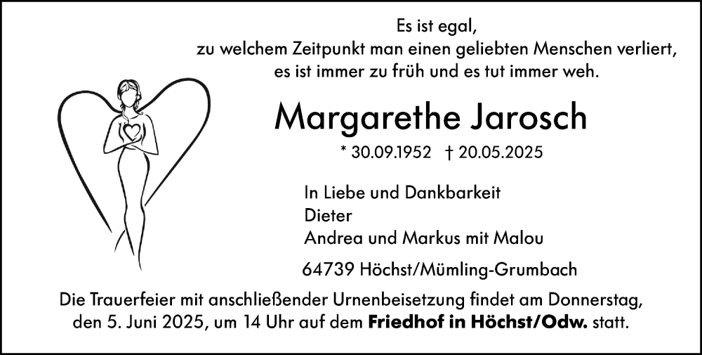  Traueranzeige für Margarethe Jarosch vom 31.05.2025 aus Odenwälder Echo