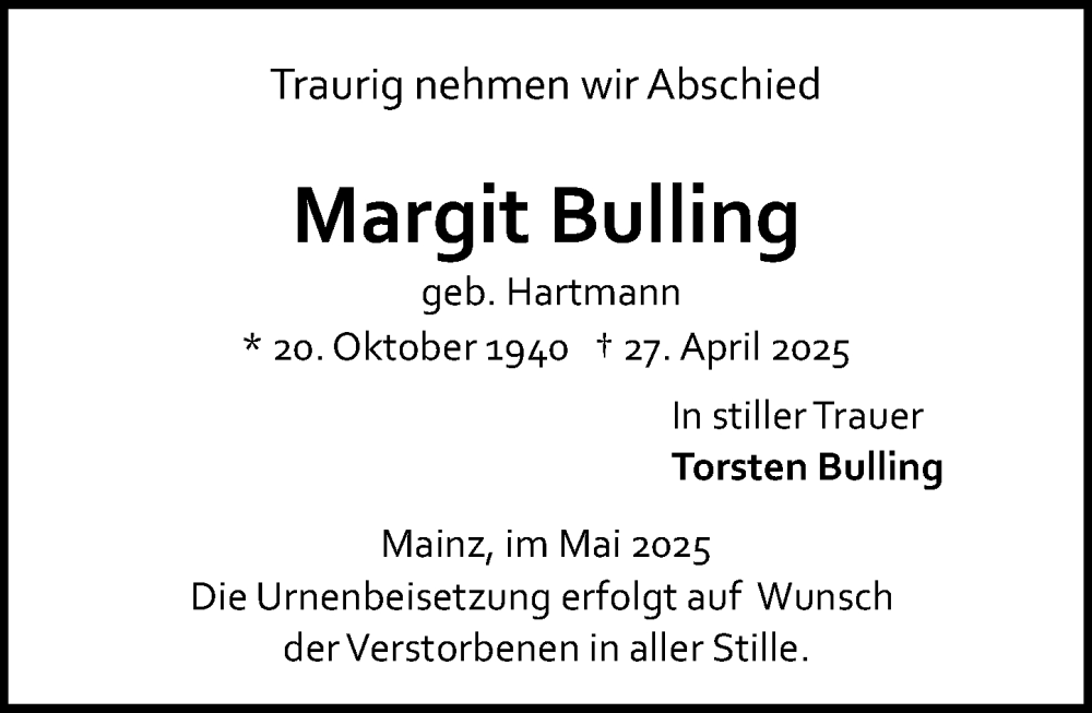  Traueranzeige für Margit Bulling vom 03.05.2025 aus Allgemeine Zeitung Mainz