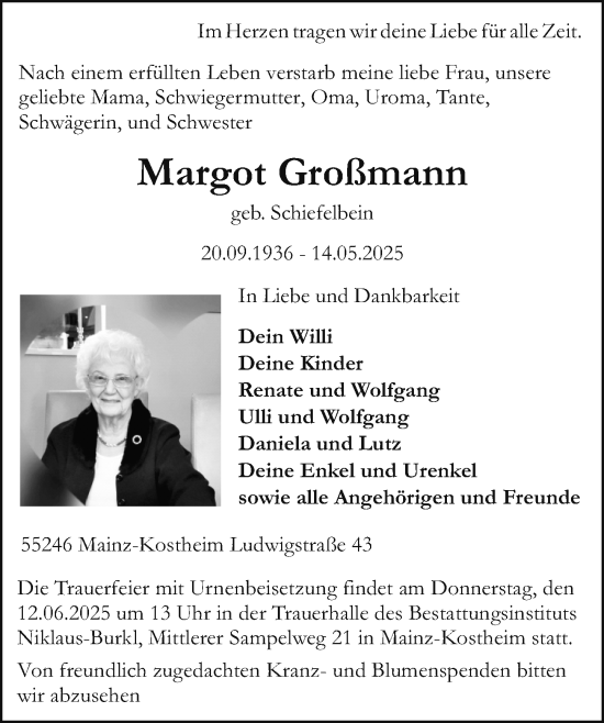 Traueranzeige von Margot Großmann von Allgemeine Zeitung Mainz