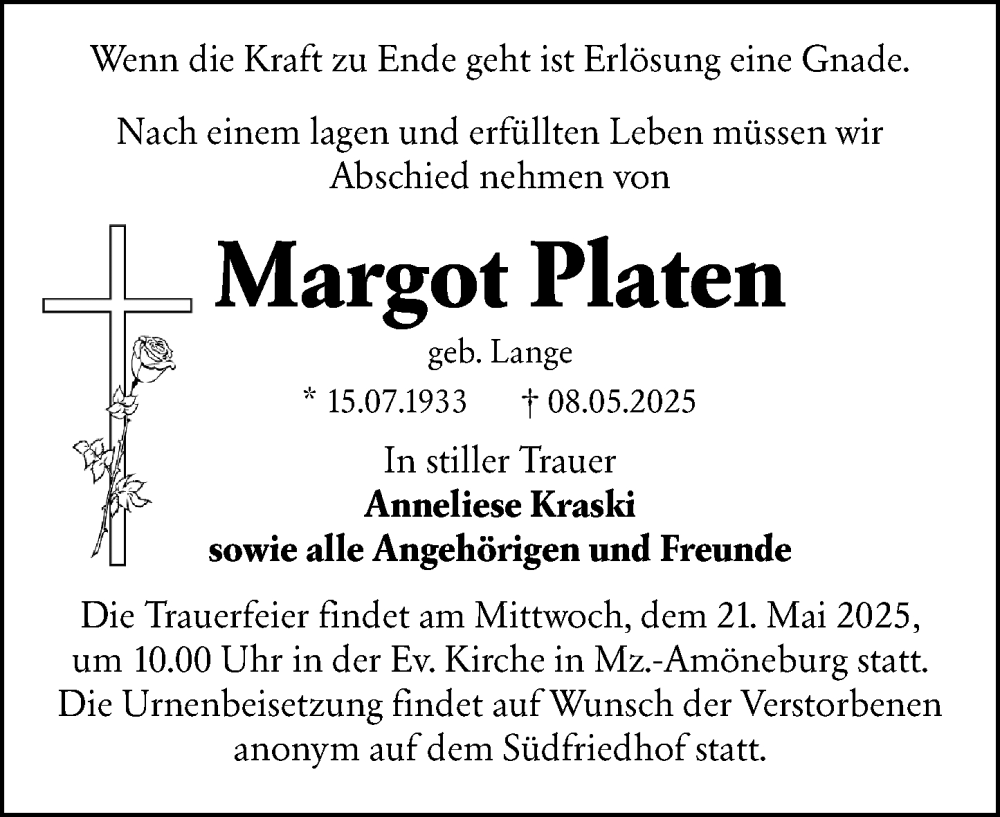  Traueranzeige für Margot Platen vom 17.05.2025 aus Wiesbadener Kurier