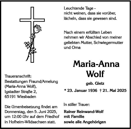 Traueranzeige von Maria-Anna Wolf von Wiesbadener Kurier