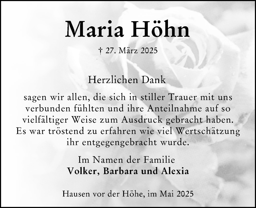  Traueranzeige für Maria Höhn vom 10.05.2025 aus Wiesbadener Kurier