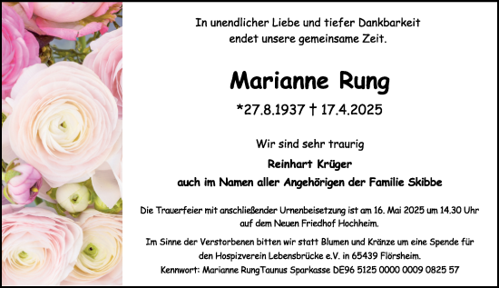 Traueranzeige von Marianne Rung von Hochheimer Zeitung