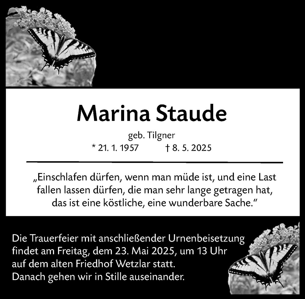  Traueranzeige für Marina Staude vom 21.05.2025 aus Wetzlarer Neue Zeitung