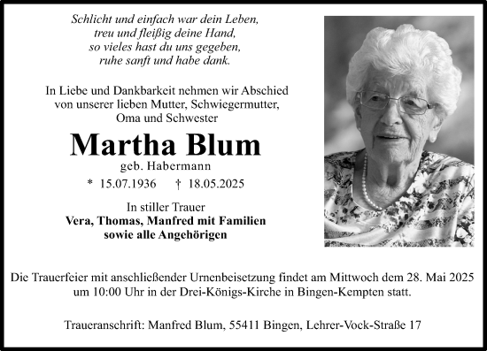 Traueranzeige von Martha Blum von Binger-/Ingelheimer Wochenblatt