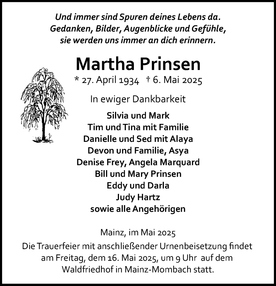  Traueranzeige für Martha Prinsen vom 10.05.2025 aus Allgemeine Zeitung Mainz