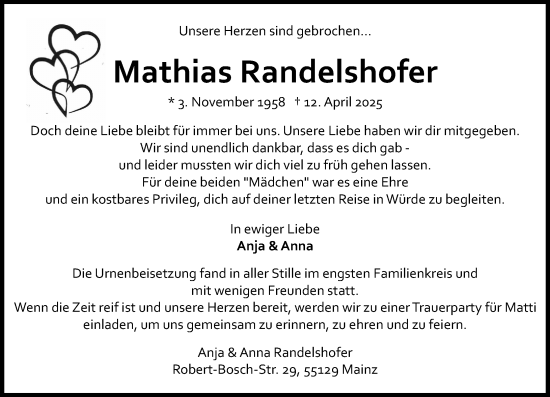 Traueranzeige von Mathias Randelshofer von Allgemeine Zeitung Mainz