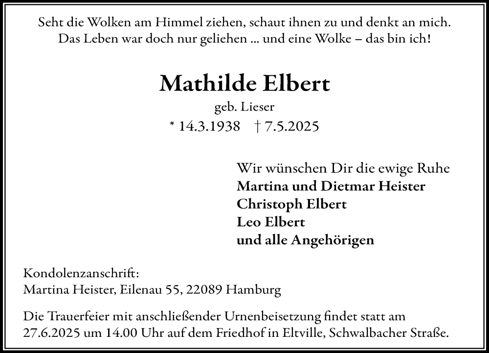  Traueranzeige für Mathilde Elbert vom 31.05.2025 aus Wiesbadener Kurier