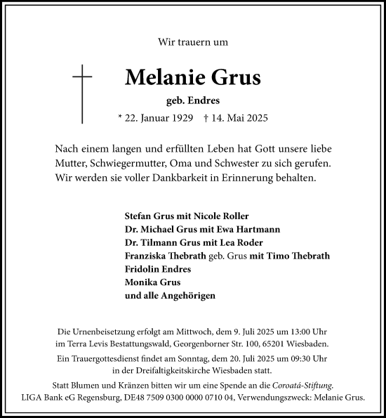 Traueranzeige von Melanie Grus von Wiesbadener Kurier