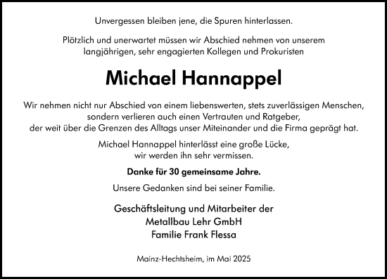 Traueranzeige von Michael Hannappel von Allgemeine Zeitung Mainz
