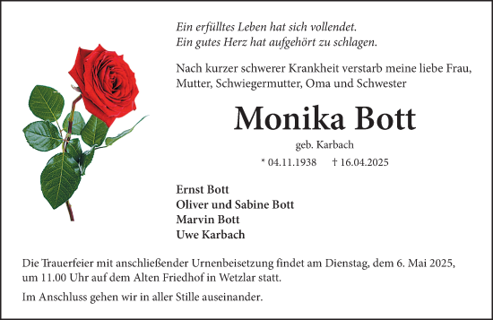 Traueranzeige von Monika Bott von Wetzlarer Neue Zeitung