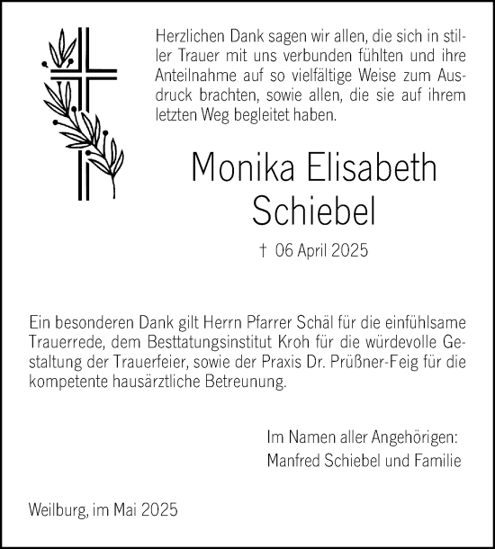Traueranzeige von Monika Elisabeth Schiebel von Weilburger Tageblatt