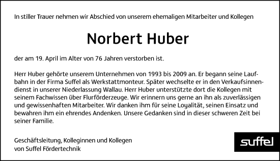 Traueranzeige von Norbert Huber von Allgemeine Zeitung Rheinhessen-Nahe