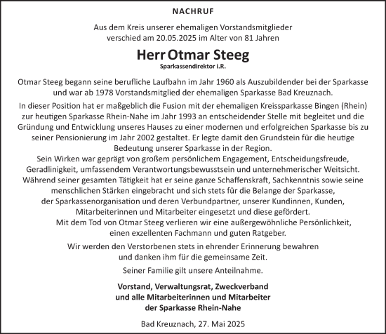 Traueranzeige von Otmar Steeg von Allgemeine Zeitung Rheinhessen-Nahe