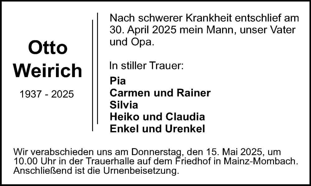  Traueranzeige für Otto Weirich vom 10.05.2025 aus Allgemeine Zeitung Mainz