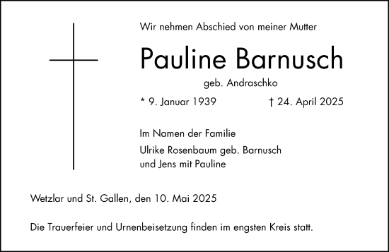 Traueranzeige von Pauline Barnusch von Wetzlarer Neue Zeitung