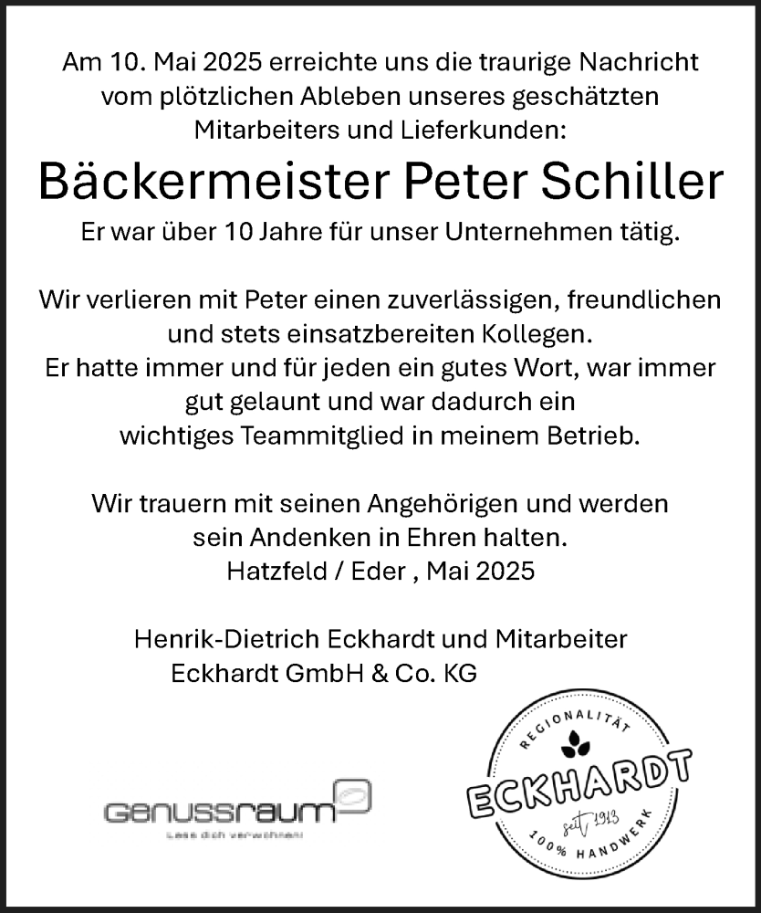  Traueranzeige für Peter Schiller vom 23.05.2025 aus Hinterländer Anzeiger