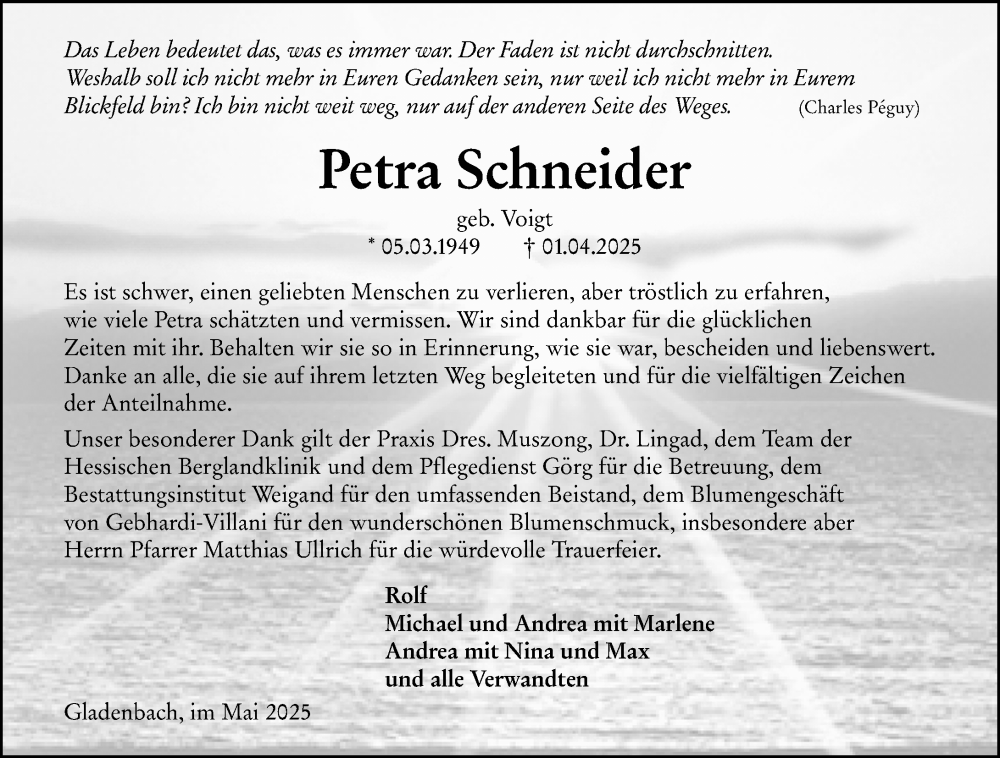  Traueranzeige für Petra Schneider vom 03.05.2025 aus Hinterländer Anzeiger