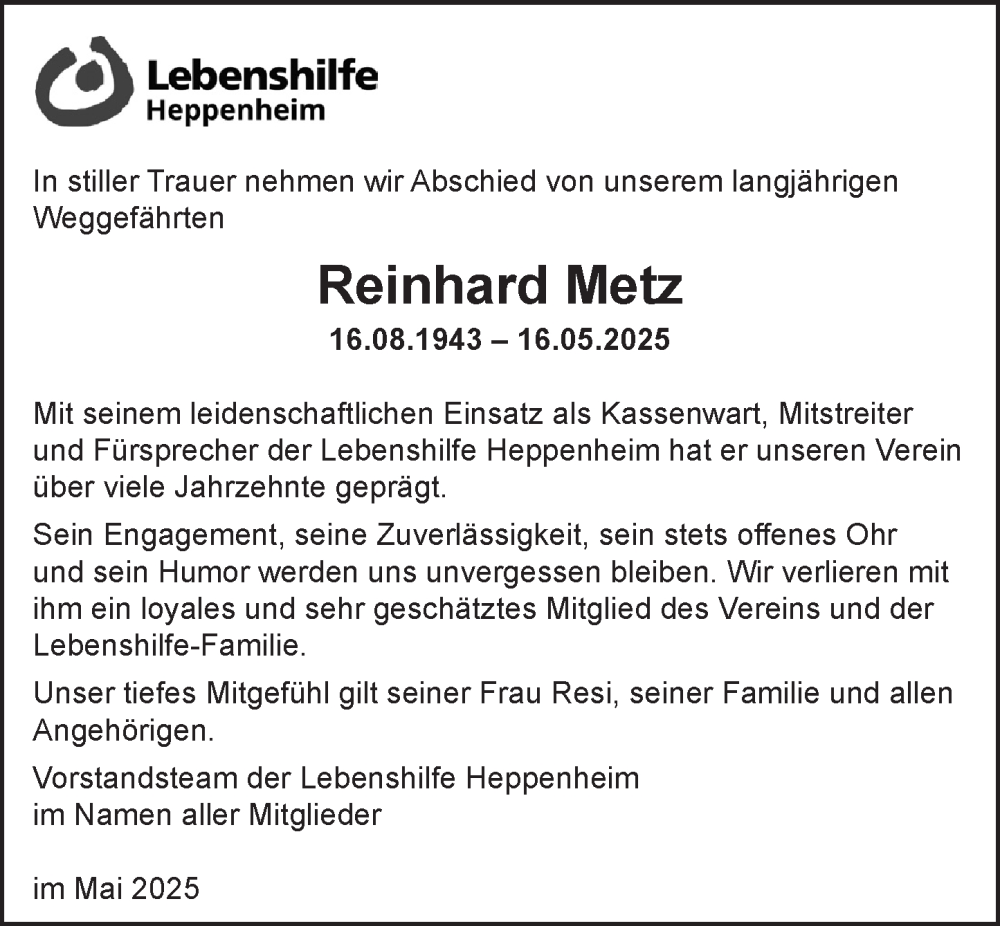  Traueranzeige für Reinhard Metz vom 31.05.2025 aus Starkenburger Echo