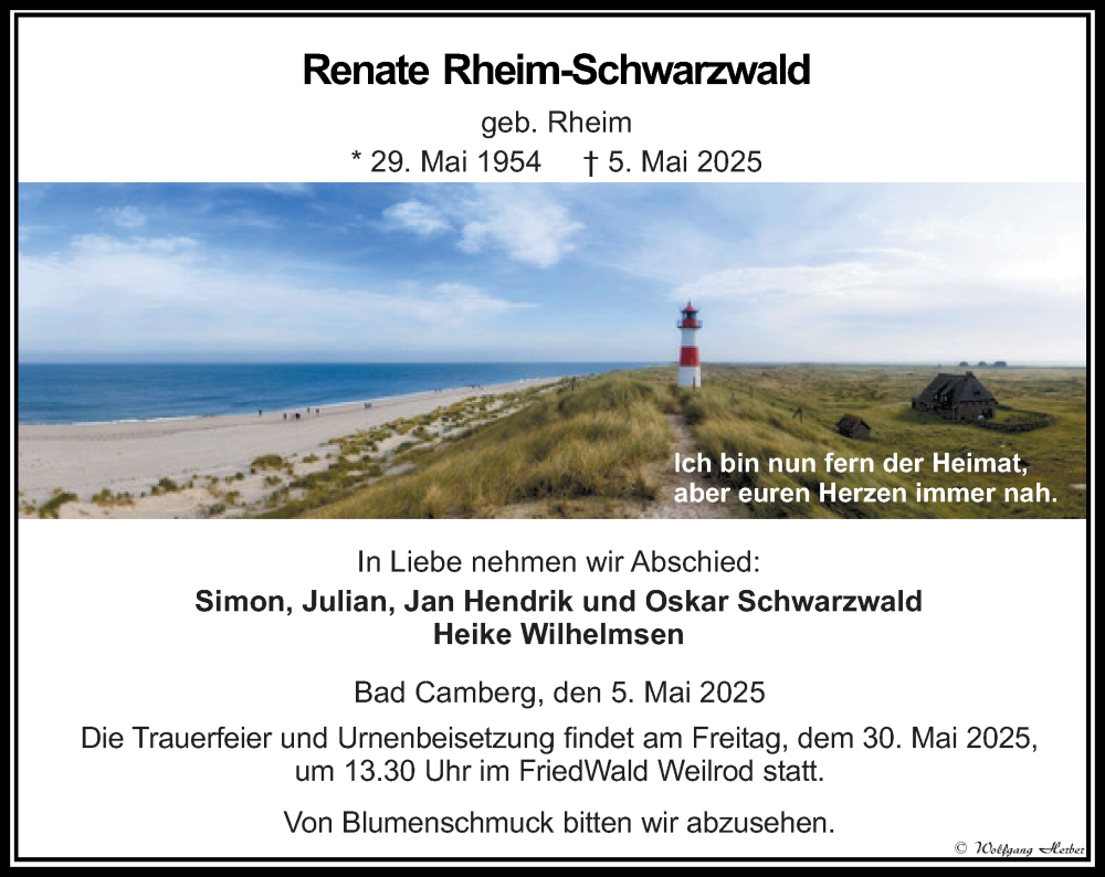  Traueranzeige für Renate Rheim-Schwarzwald vom 15.05.2025 aus Camberger Anzeiger